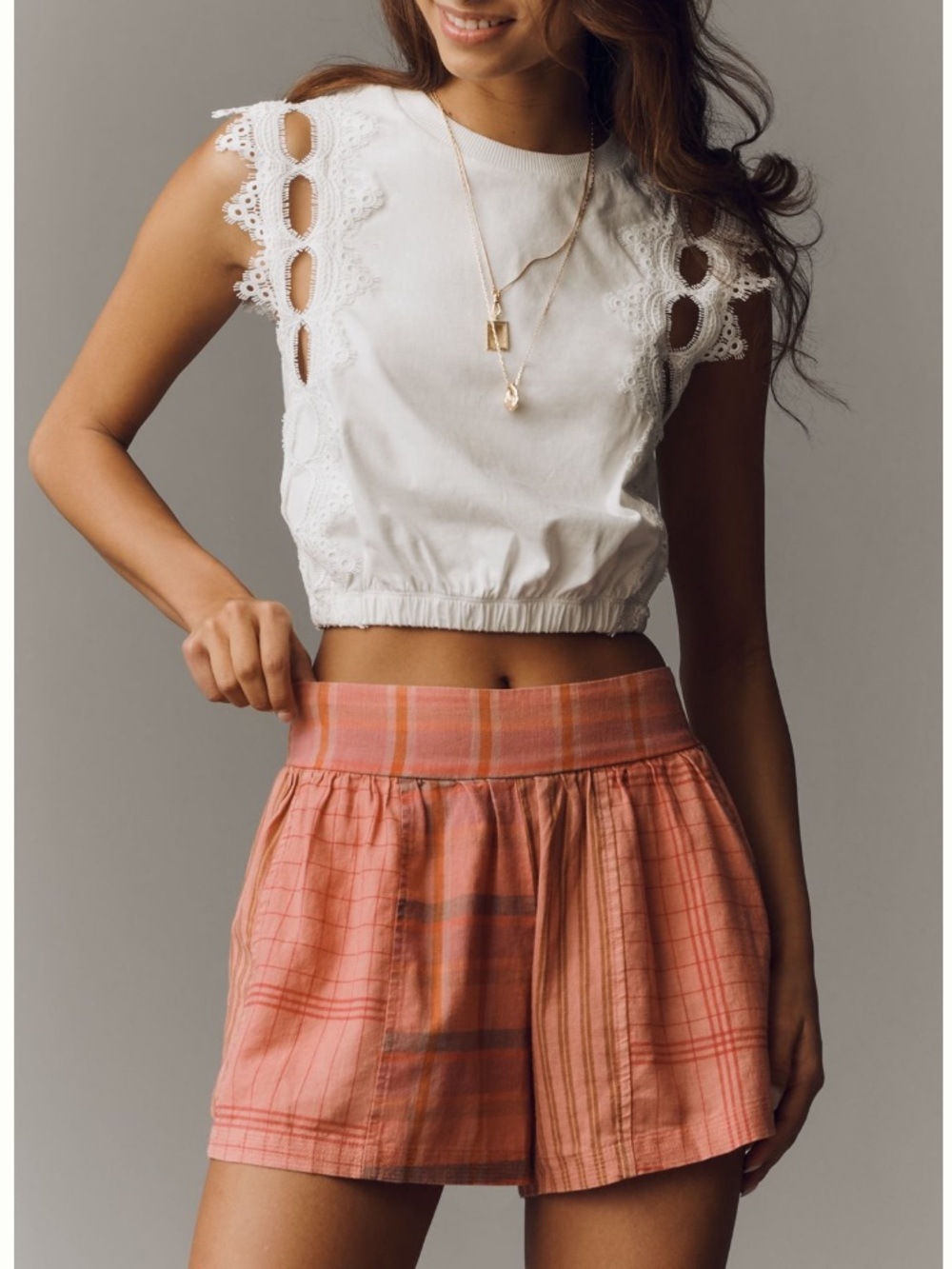 🟤NWT ANTHROPOLOGIE Pull-On Linen-Blend Shorts in Coral Plaid XS